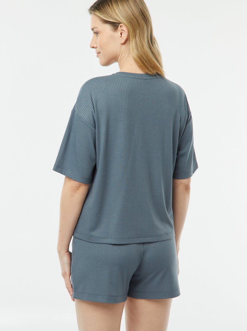 Pyjama short 2 pièces en maille côtelée Bleu gris - Kiabi