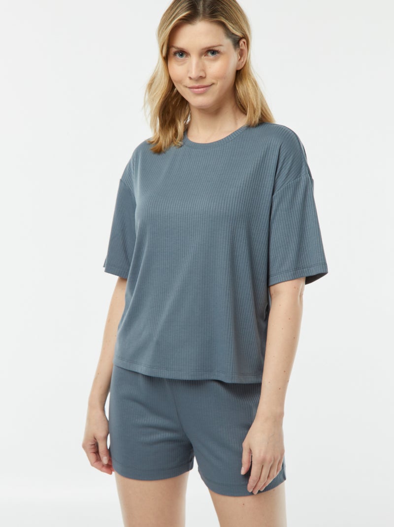 Pyjama short 2 pièces en maille côtelée Bleu gris - Kiabi