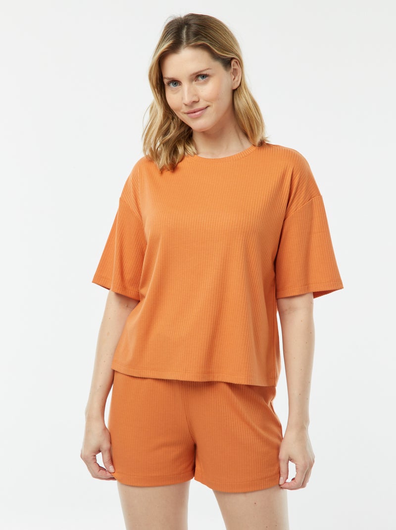 Pyjama short 2 pièces en maille côtelée Camel - Kiabi