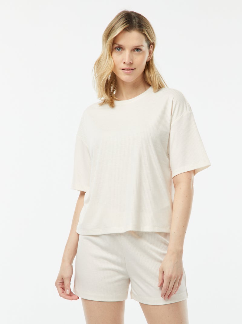 Pyjama short 2 pièces en maille côtelée Crème - Kiabi