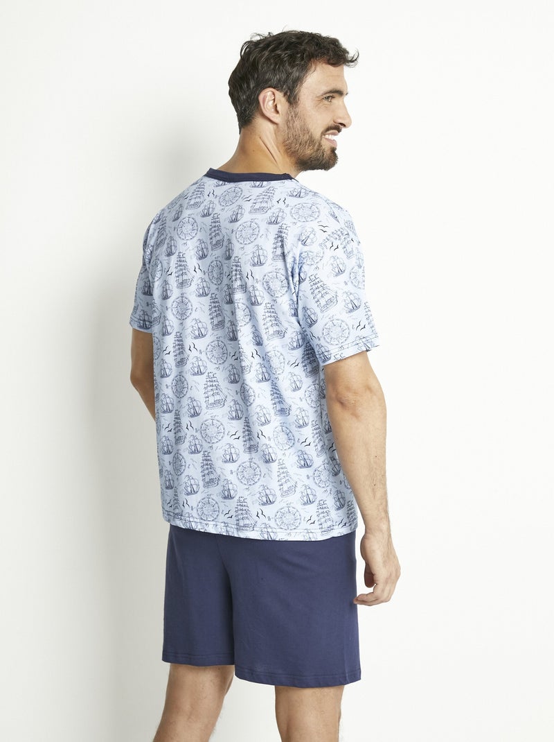Pyjama short col V jersey coton - Afibel Bleu marine - Kiabi