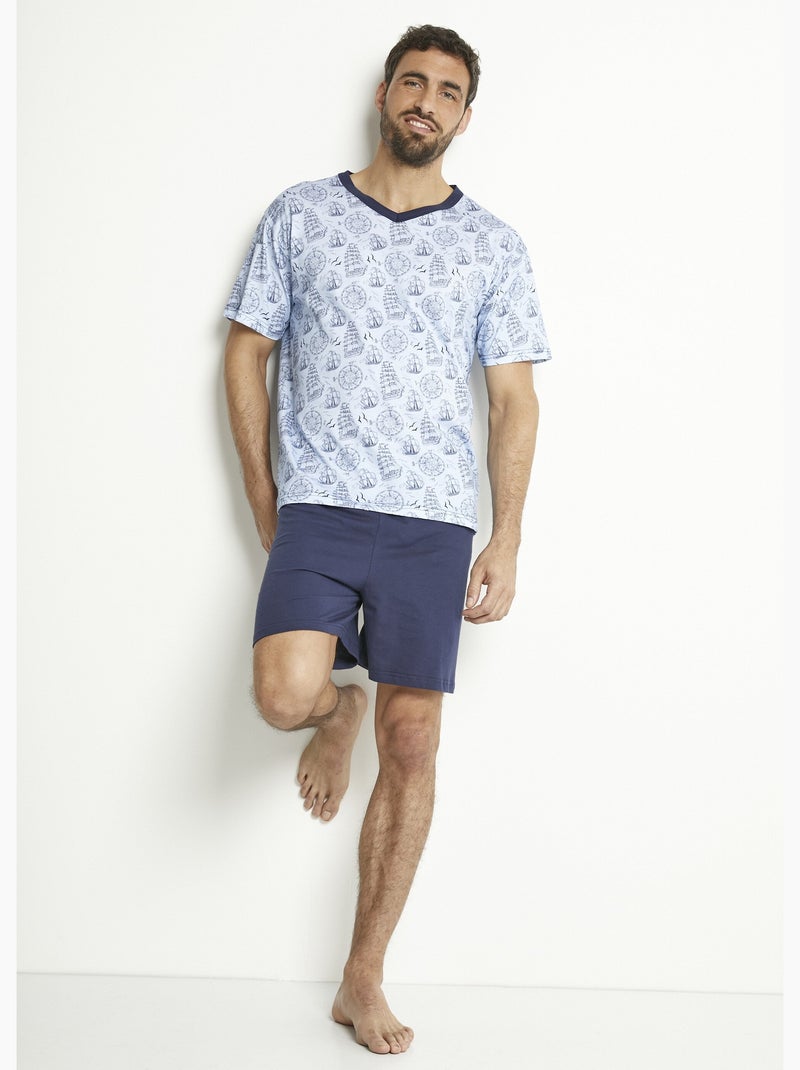 Pyjama short col V jersey coton - Afibel Bleu marine - Kiabi