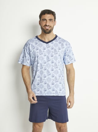Pyjama short col V jersey coton