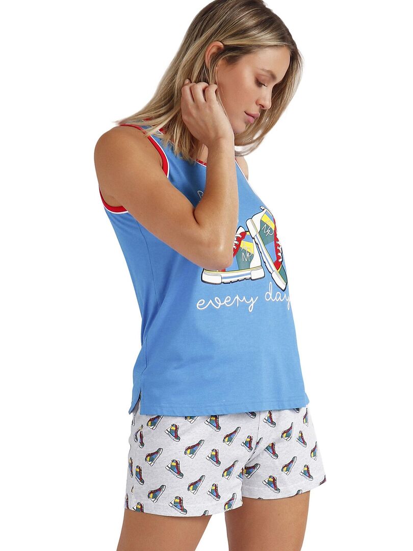 Bresdk Pyjama Femme 2 Pièce Coton Ete Ensemble De Pyjama Short à Carreaux T-Shirt Sans