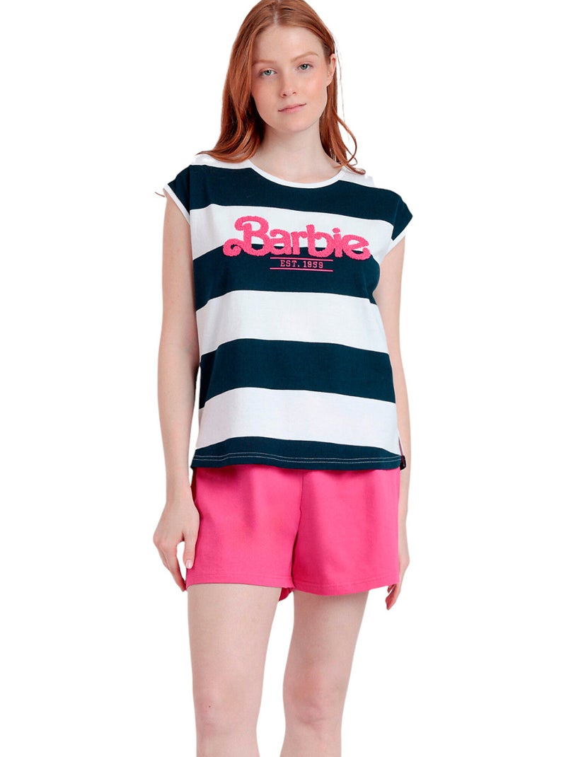 Pyjama short t-shirt Barbie Stripes Blanc Rose Bleu - Kiabi