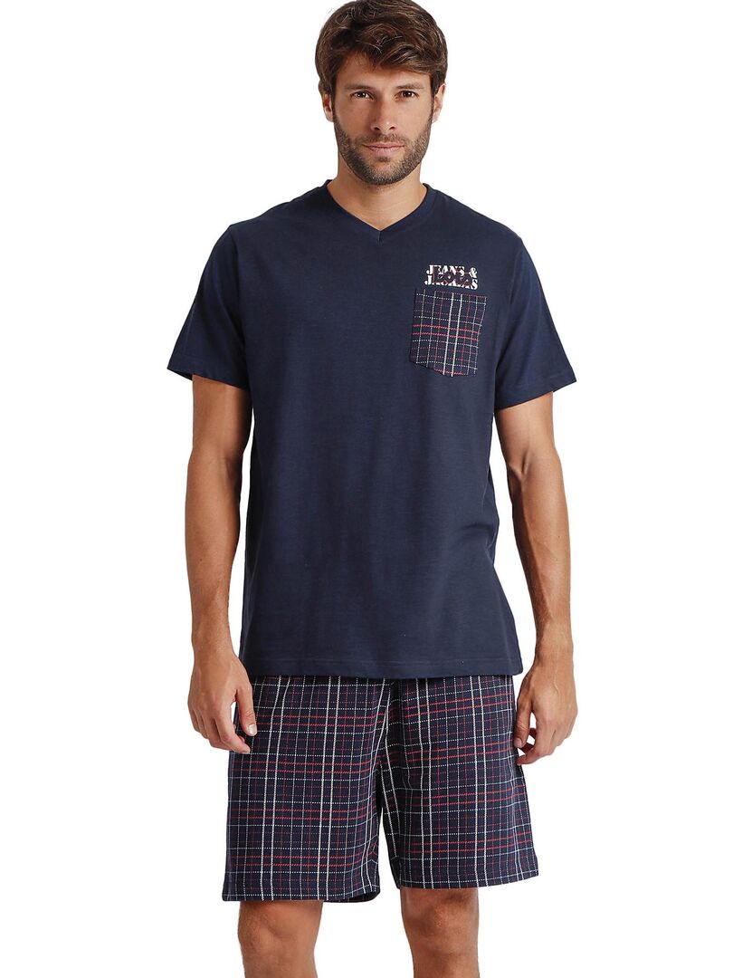 Pyjama short t-shirt col V JAndJ Lois Bleu marine - Kiabi