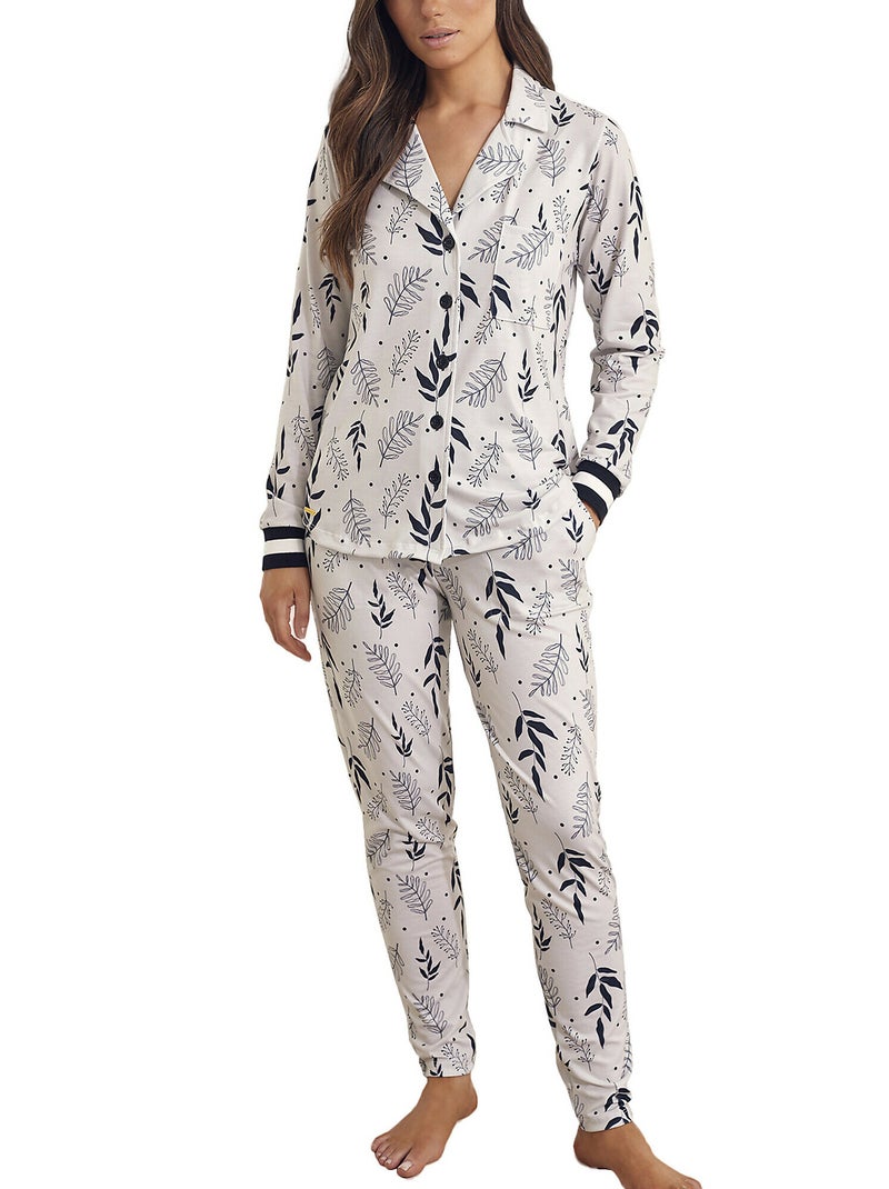 Pyjama tenue pantalon chemise manches longues Botanic Ecru - Kiabi