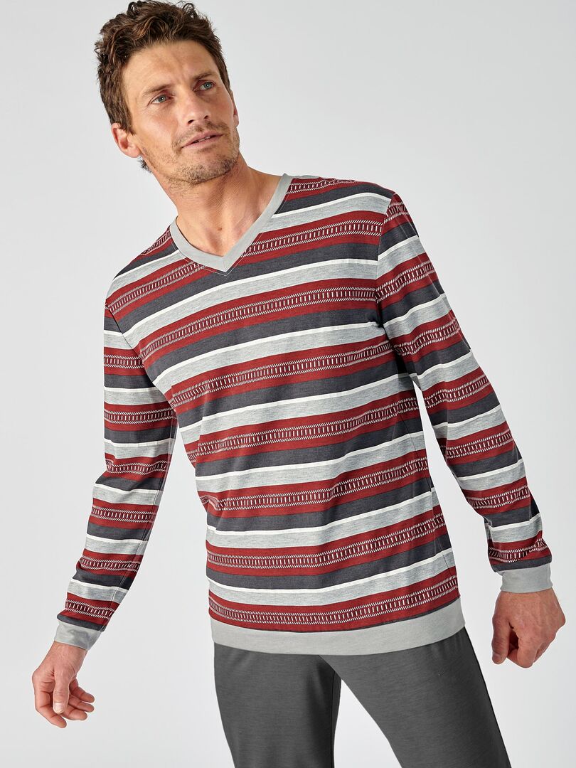 Pyjama Homme Thermolactyl Maille Jersey Damart – Chaleur Confortable, Encolure V Rayée, Taille Élastiquée, Poches, 70% Polyester Recyclé