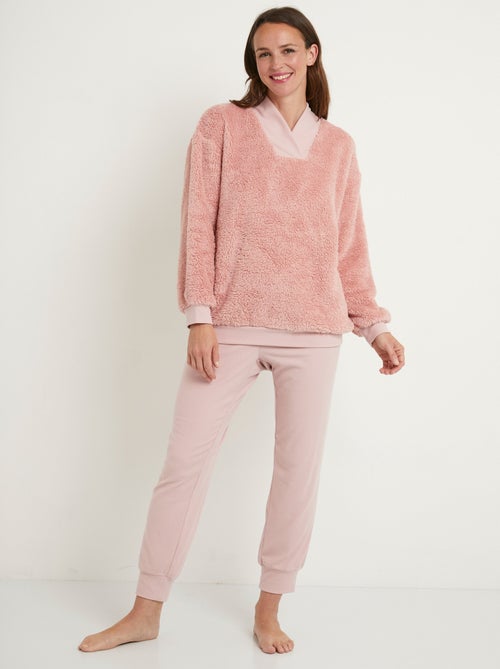 Pyjama uni chaud col V manches longues peluche - Afibel - Kiabi