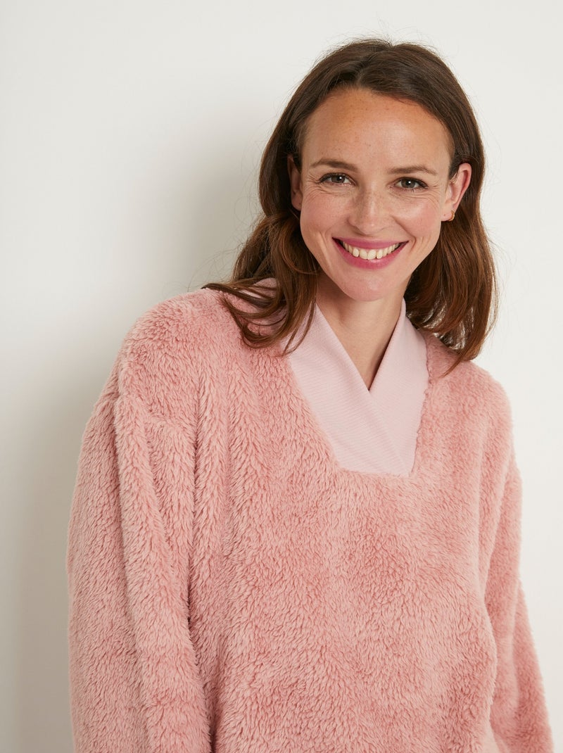 Pyjama uni chaud col V manches longues peluche - Afibel Vieux rose - Kiabi