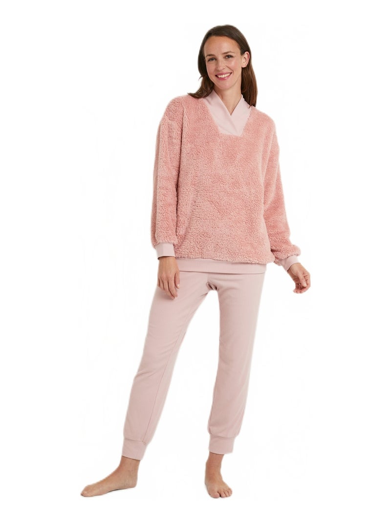 Pyjama uni chaud col V manches longues peluche Vieux rose - Kiabi