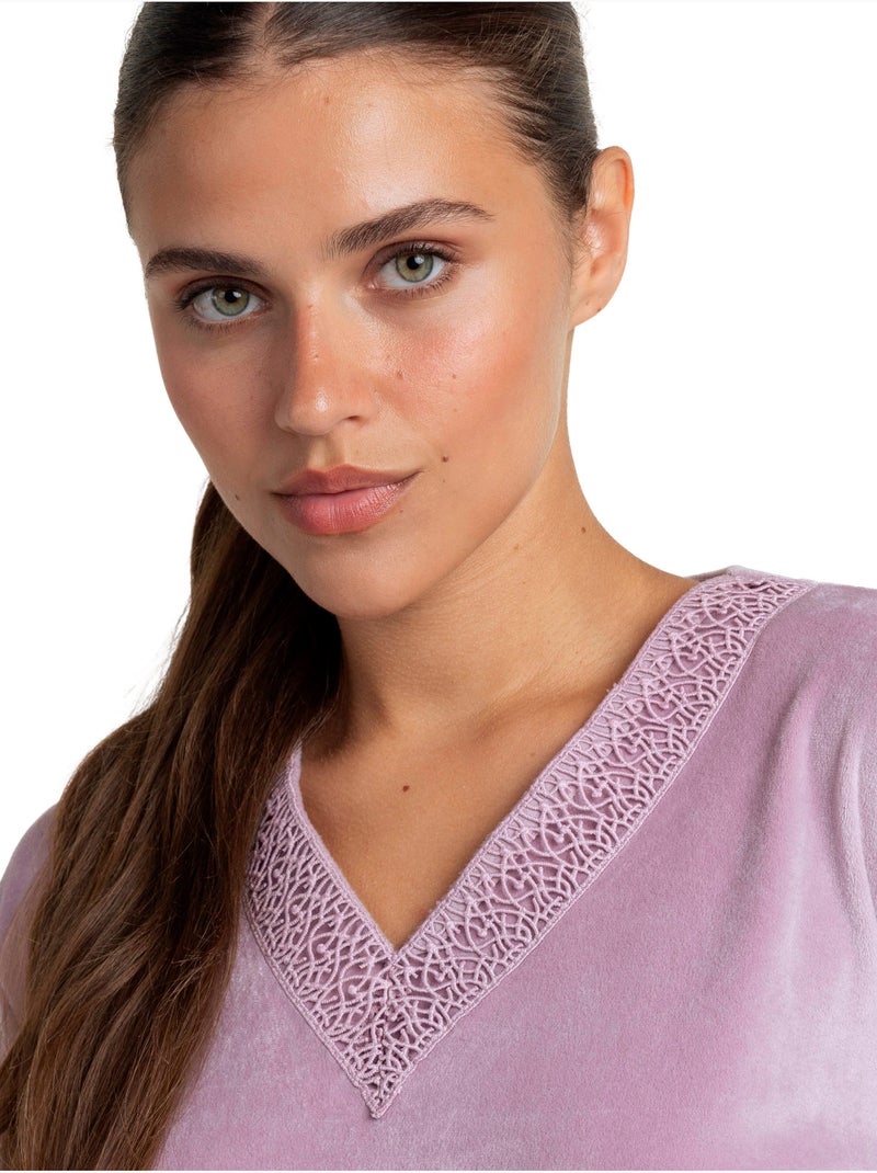 Pyjama velours pantalon top manches longues luxury guipure Rose - Kiabi