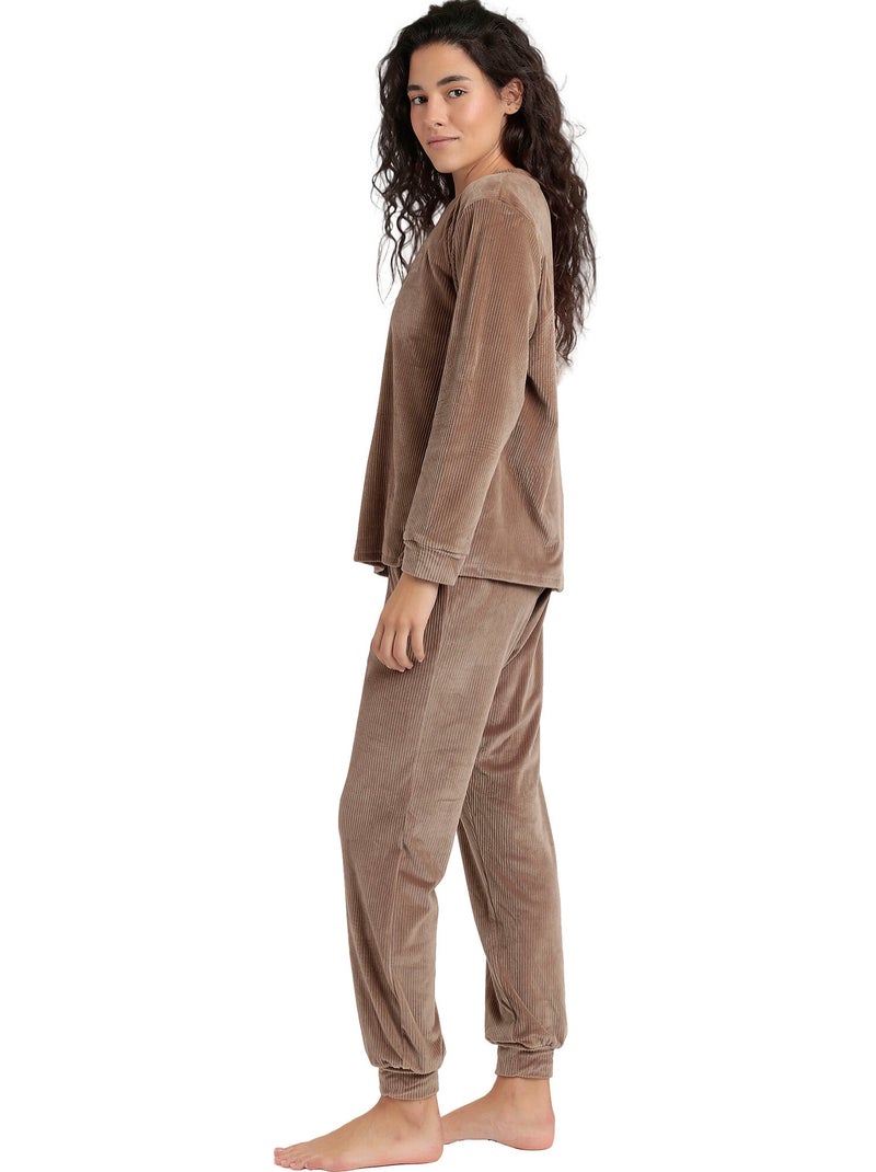 Pyjama velours pantalon top manches longues Relax Home Marron chocolat - Kiabi