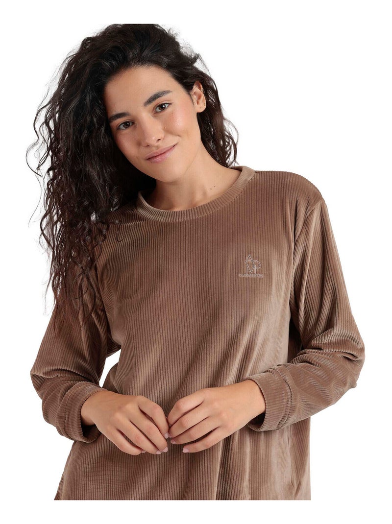 Pyjama velours pantalon top manches longues Relax Home Marron chocolat - Kiabi