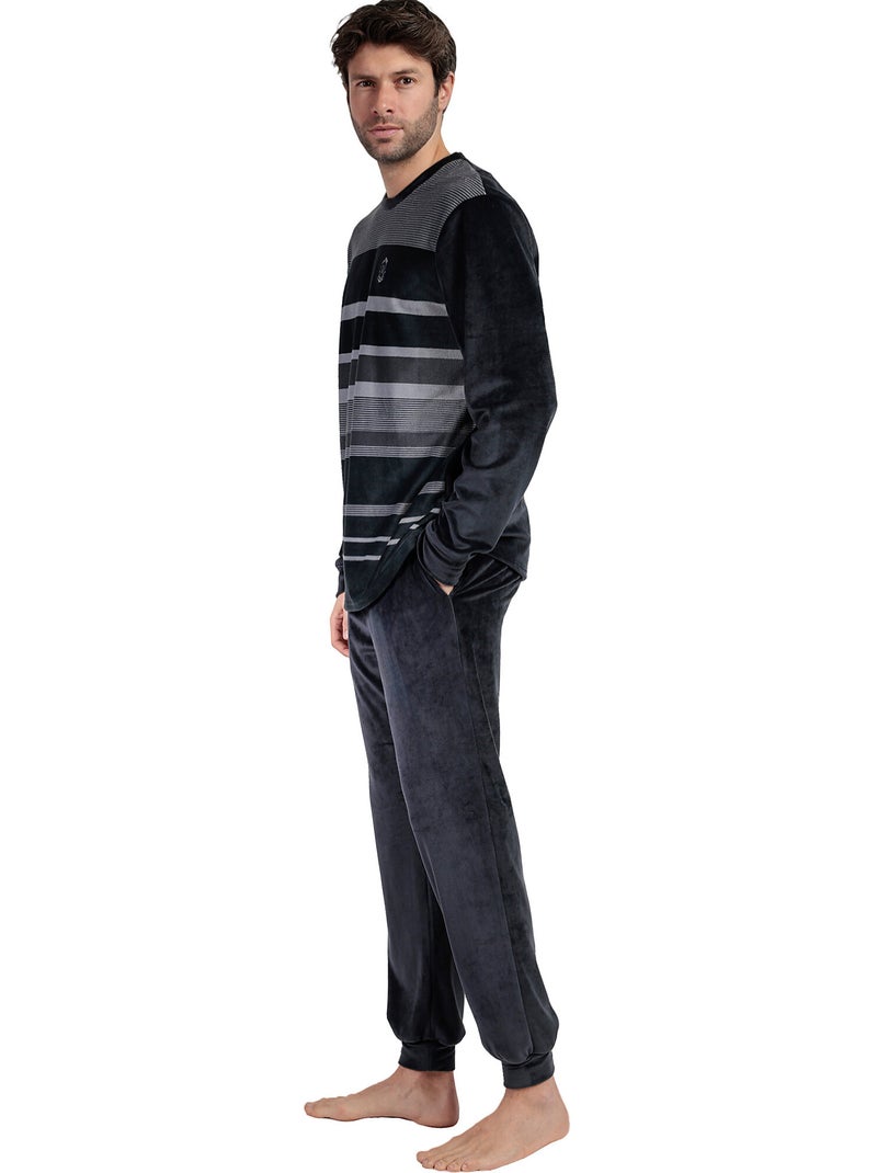Pyjama velours pantalon top manches longues Stripe Hype Gris - Kiabi