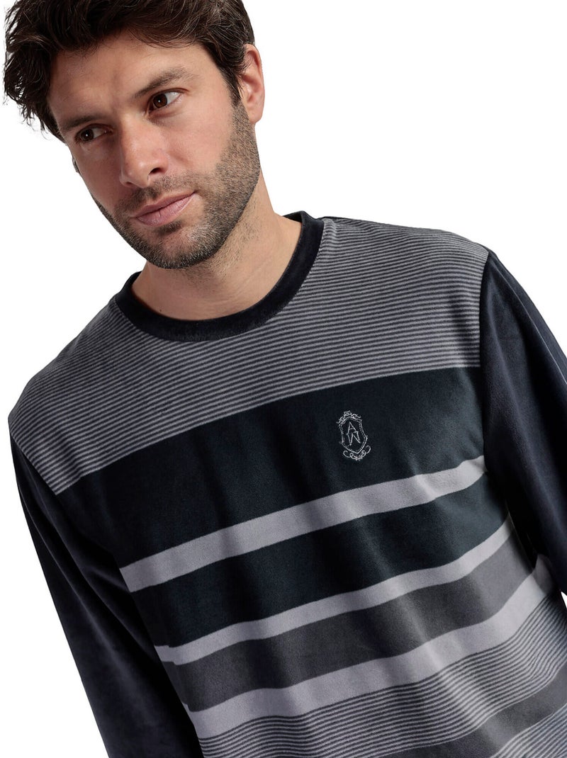 Pyjama velours pantalon top manches longues Stripe Hype Gris - Kiabi