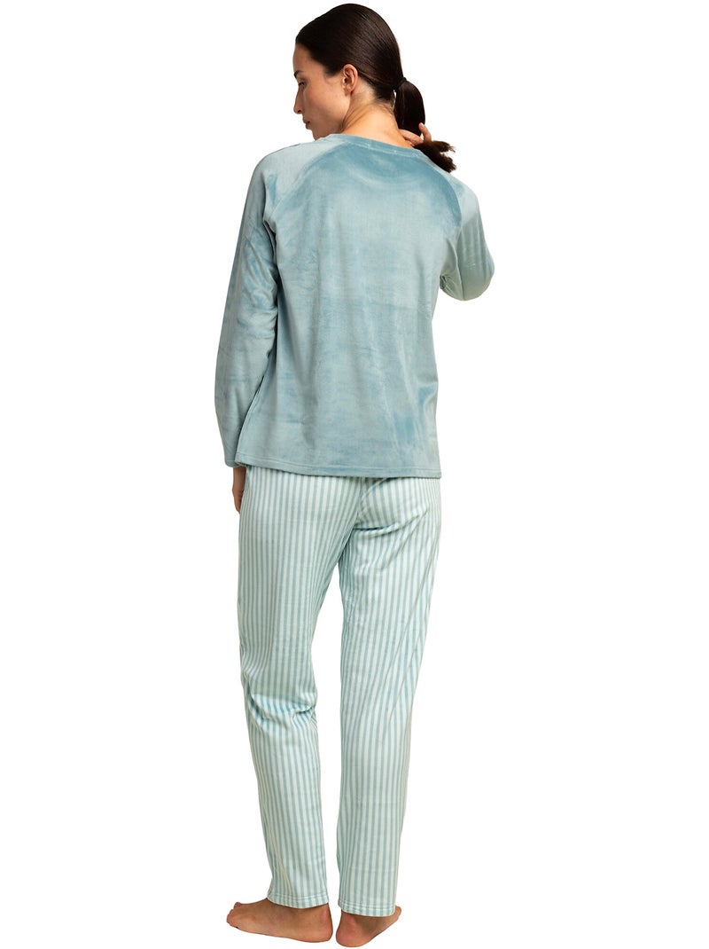 Pyjama velours pantalon top manches longues stripes Bleu turquoise - Kiabi