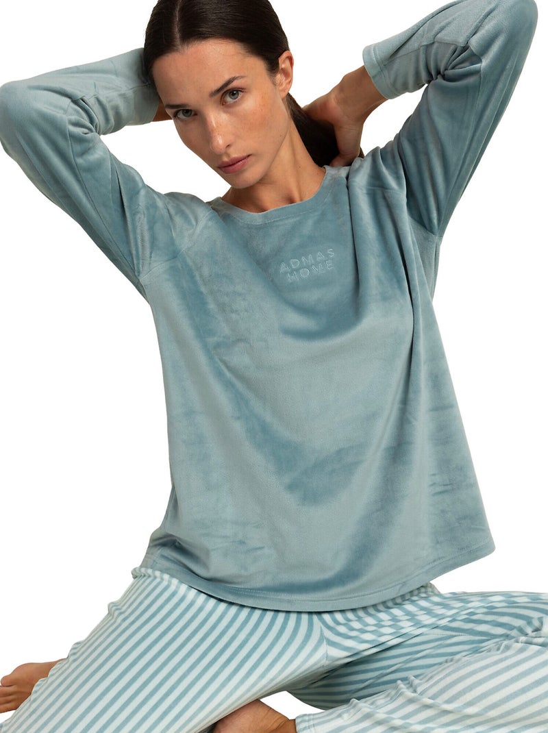 Pyjama velours pantalon top manches longues stripes Bleu turquoise - Kiabi