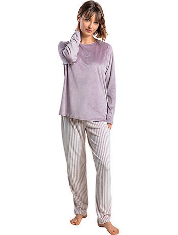 Pyjama velours pantalon top manches longues stripes