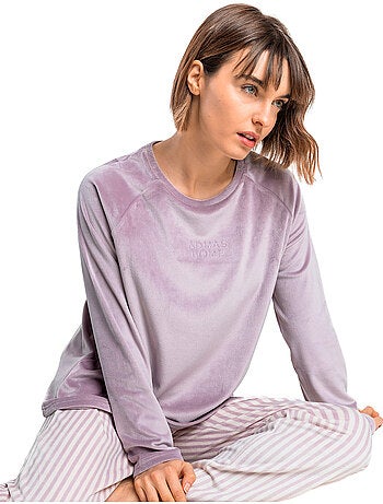 Pyjama velours pantalon top manches longues stripes