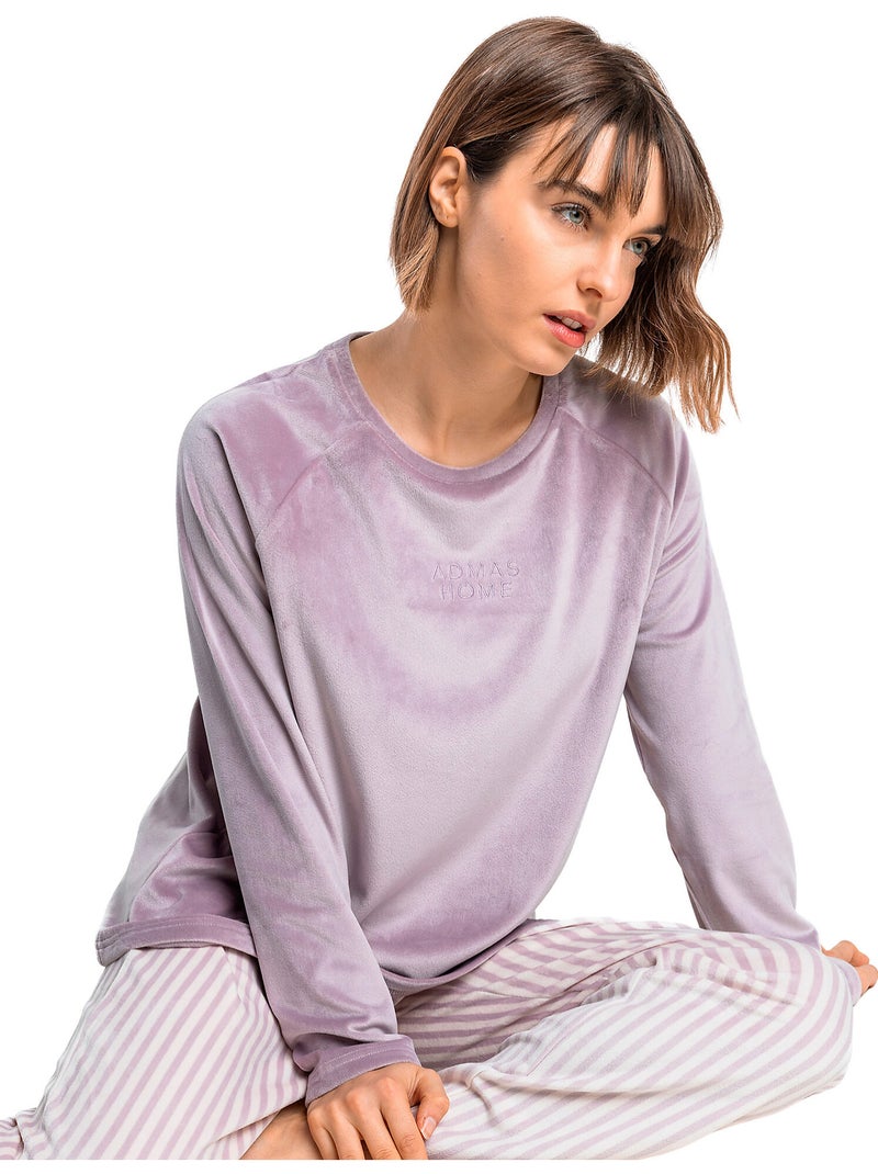 Pyjama velours pantalon top manches longues stripes Violet - Kiabi