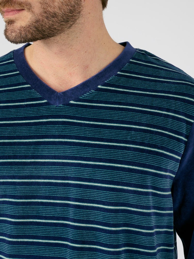 Pyjama velours rayé mélange coton - Damart Bleu - Kiabi