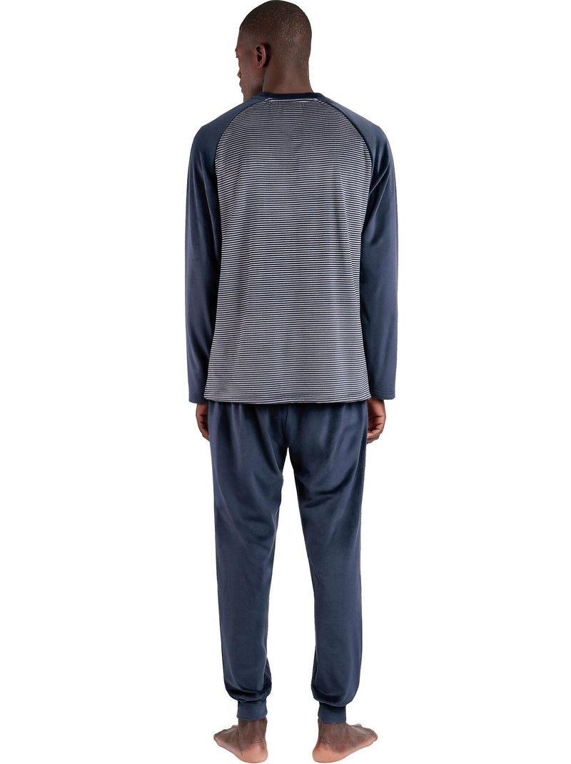 Pyjama velours tenue pantalon top manches longues Basic Stripes Bleu marine - Kiabi