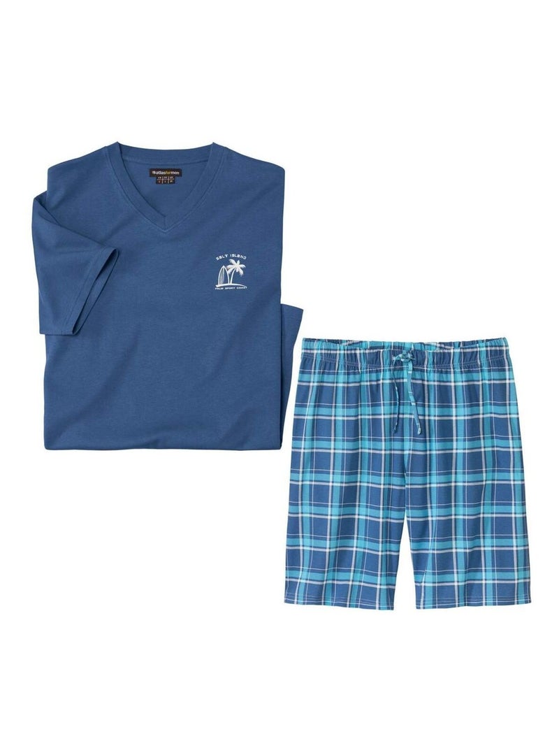 Pyjashort Carreaux en Jersey de Coton   - ATLAS FOR MEN Bleu - Kiabi