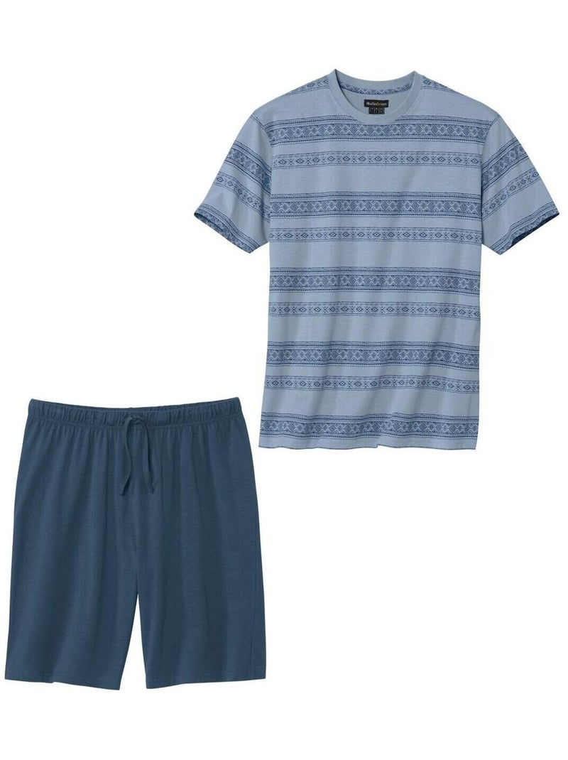Pyjashort Coton Bicolore à Micro-Motifs  - ATLAS FOR MEN Bleu Bleu - Kiabi