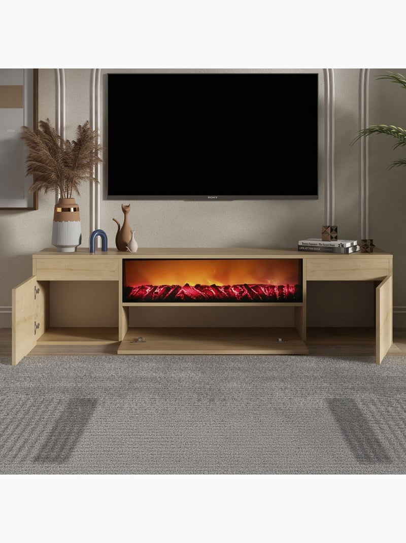 PYRO -  Meuble télévision  avec cheminée LED 180cm aspect bois Marron - Kiabi