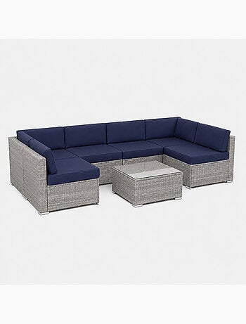 QAMEA Salon de jardin 6 places modulable en résine tressée gris et bleu