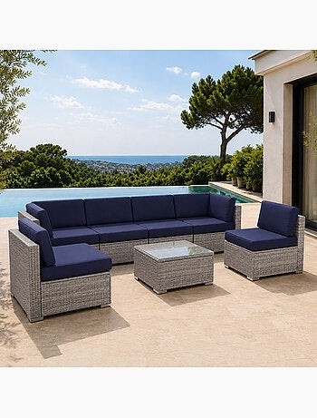 QAMEA Salon de jardin 6 places modulable en résine tressée gris et bleu