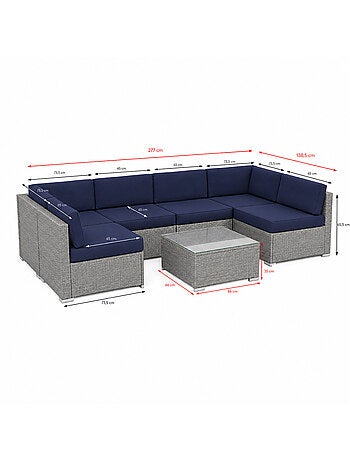 QAMEA Salon de jardin 6 places modulable en résine tressée gris et bleu