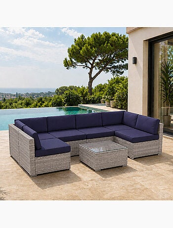 QAMEA Salon de jardin 6 places modulable en résine tressée gris et bleu