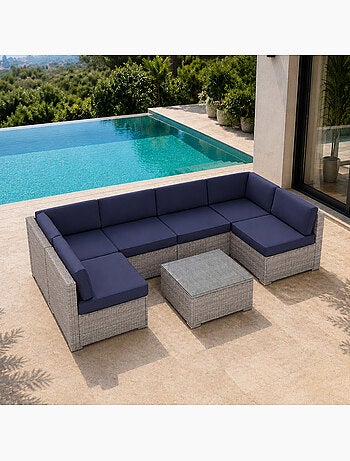 QAMEA Salon de jardin 6 places modulable en résine tressée gris et bleu