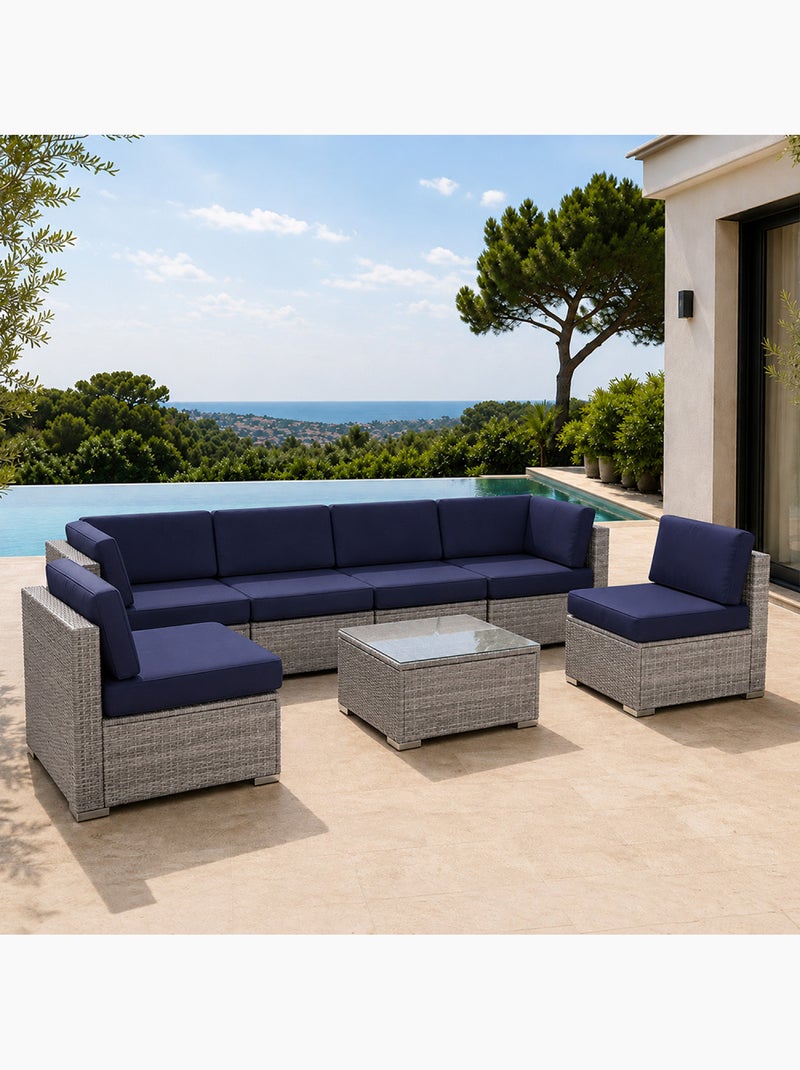 QAMEA Salon de jardin 6 places modulable en résine tressée gris et bleu Bleu - Kiabi
