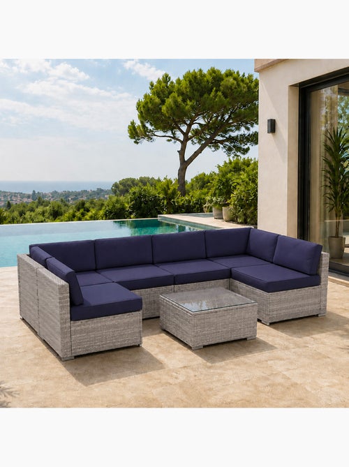QAMEA Salon de jardin 6 places modulable en résine tressée gris et bleu - Kiabi QAMEA Salon de jardin 6 places modulable en résine tressée gris et bleu - Kiabi