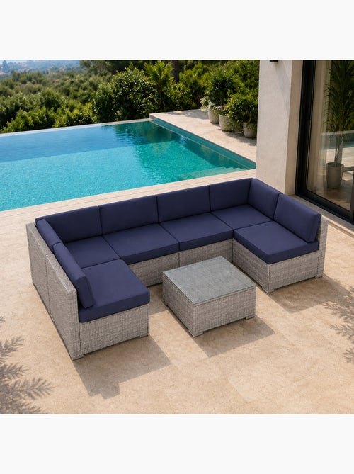 QAMEA Salon de jardin 6 places modulable en résine tressée gris et bleu - Kiabi QAMEA Salon de jardin 6 places modulable en résine tressée gris et bleu - Kiabi