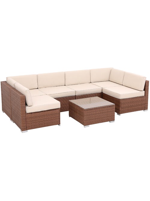 QAMEA Salon de jardin 6 places modulable en résine tressée marron et beige - Kiabi QAMEA Salon de jardin 6 places modulable en résine tressée marron et beige - Kiabi