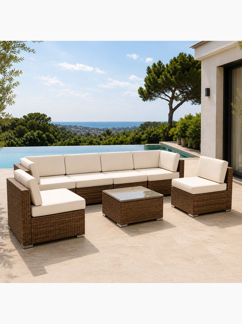 QAMEA Salon de jardin 6 places modulable en résine tressée marron et beige Beige - Kiabi