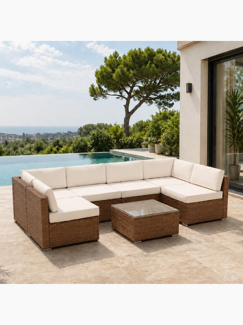 QAMEA Salon de jardin 6 places modulable en résine tressée marron et beige - Kiabi QAMEA Salon de jardin 6 places modulable en résine tressée marron et beige - Kiabi
