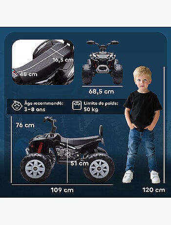 Quad électrique enfant 24V max. 6,5Km/h port USB, MP3 effets lumineux noir