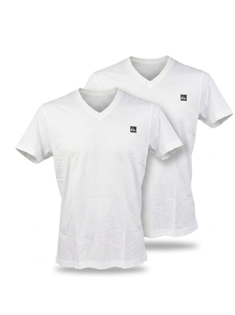 Quiksilver Pack de 2 T Shirts Homme 100% Coton Col Rond ou Col V Blanc Beige - Kiabi