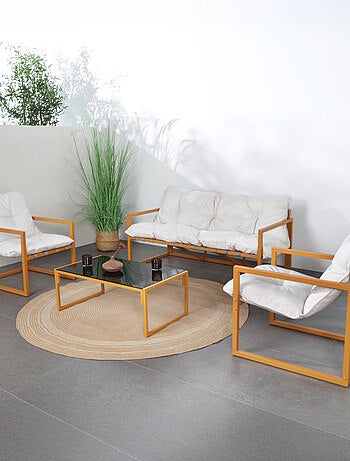 RABAT - Salon de jardin 5 places contemporain marron et coussins beiges