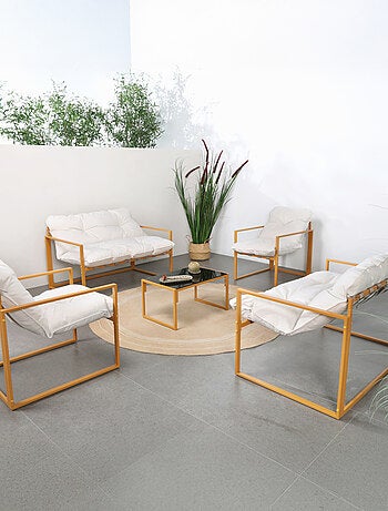 RABAT - Salon de jardin 6 places contemporain marron et coussins beiges