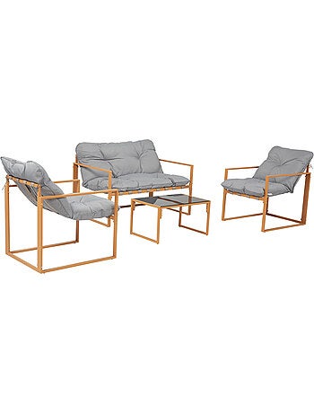 RABAT Salon de jardin 4 places contemporain brun et coussins gris
