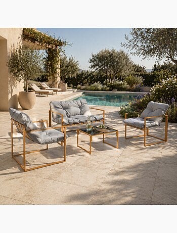 RABAT Salon de jardin 4 places contemporain brun et coussins gris