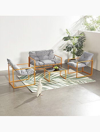 RABAT Salon de jardin 4 places contemporain brun et coussins gris