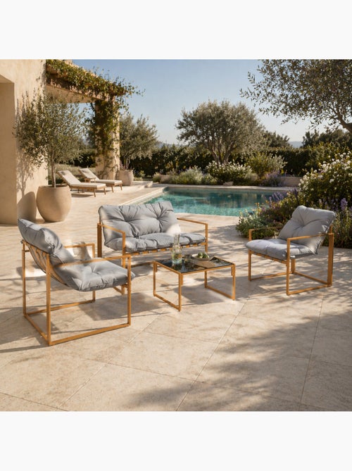 RABAT Salon de jardin 4 places contemporain brun et coussins gris - Kiabi
