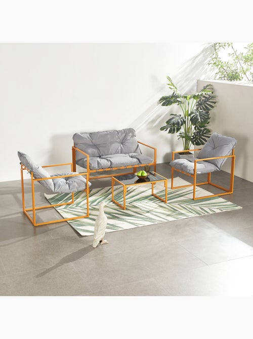 RABAT Salon de jardin 4 places contemporain brun et coussins gris - Kiabi